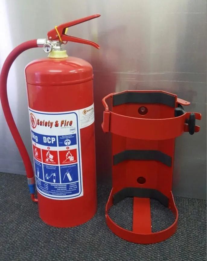 9 kg dry chemical powder extinguisher beside a heavy-duty bracket