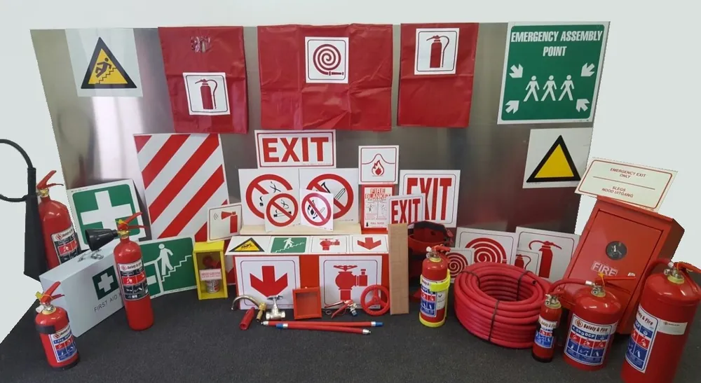 Range of products including a fire cabinet, first aid kit, extinguishers and safety signs